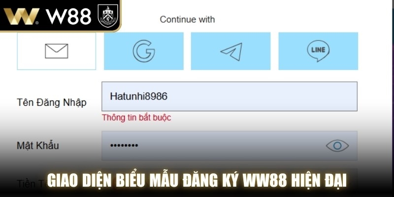 Giao diện biểu mẫu đăng ký WW88 hiện đại với các chỉ dẫn rõ ràng