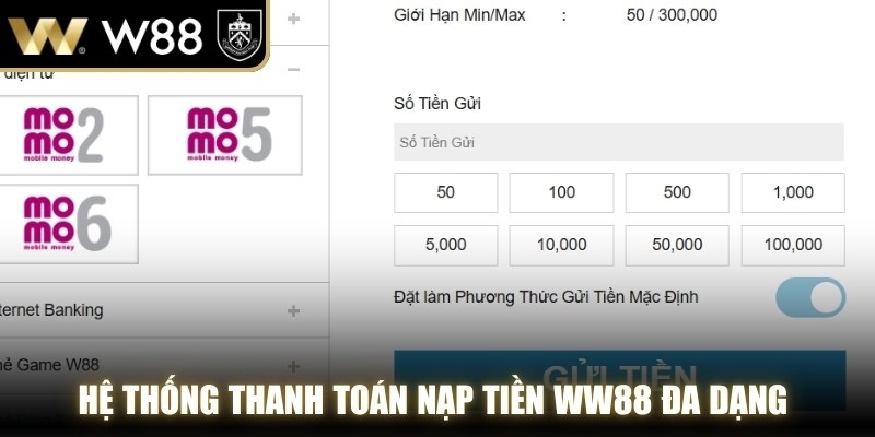 Hệ thống thanh toán nạp tiền WW88 đa dạng mang đến sự tiện lợi tuyệt đối cho khách hàng.