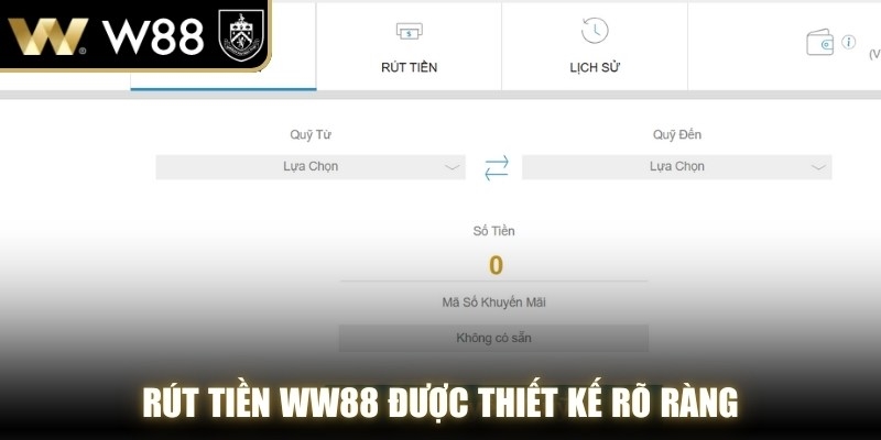 Rút tiền WW88 được thiết kế rõ ràng, giúp người chơi quản lý số dư